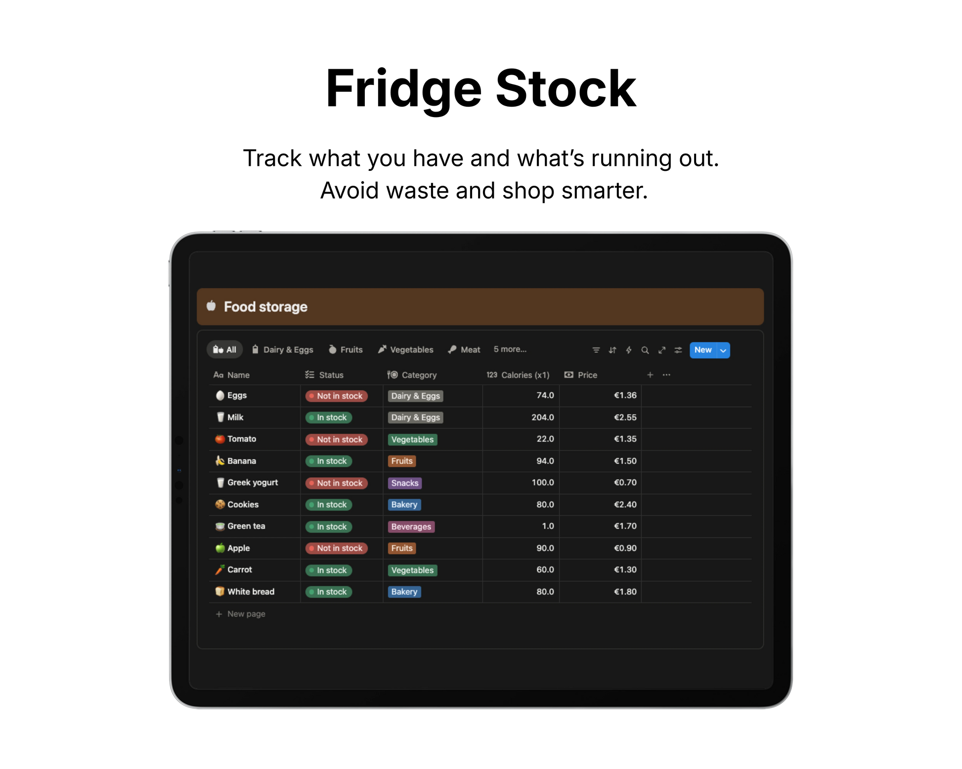 Digital interface for tracking fridge stock on a tablet screen.