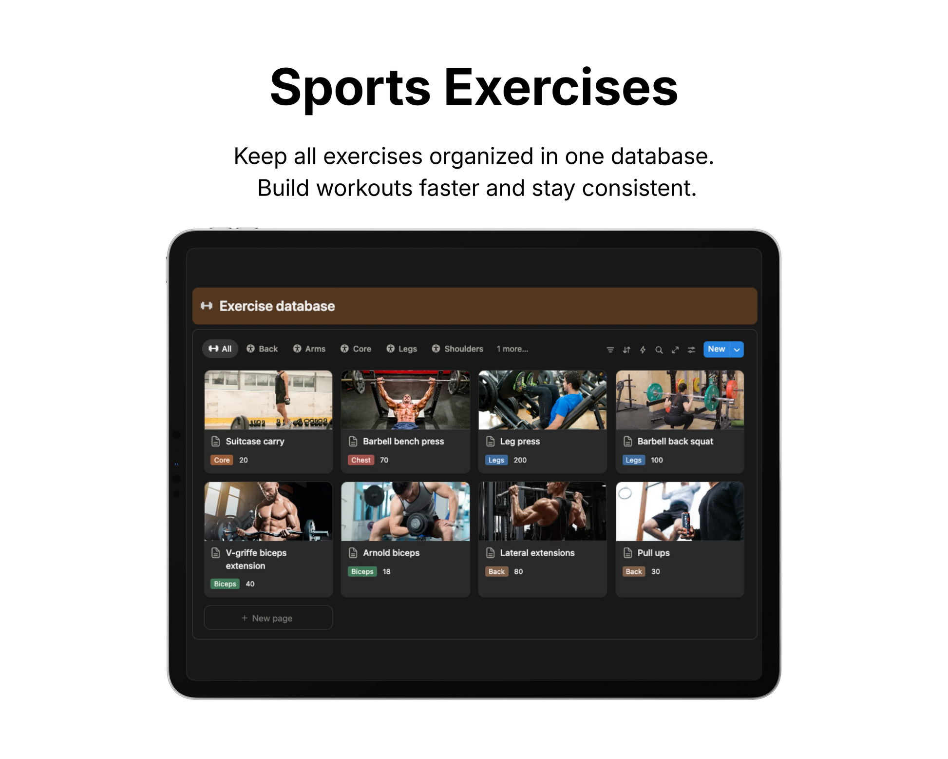 Tablet displaying a sports exercises database app with various exercise images.