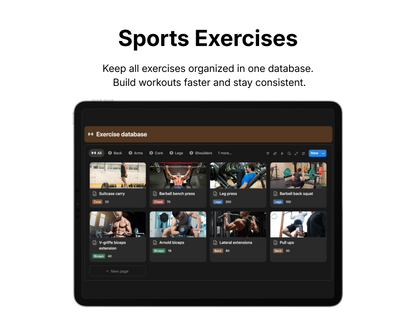 Tablet displaying a sports exercises database app with various exercise images.