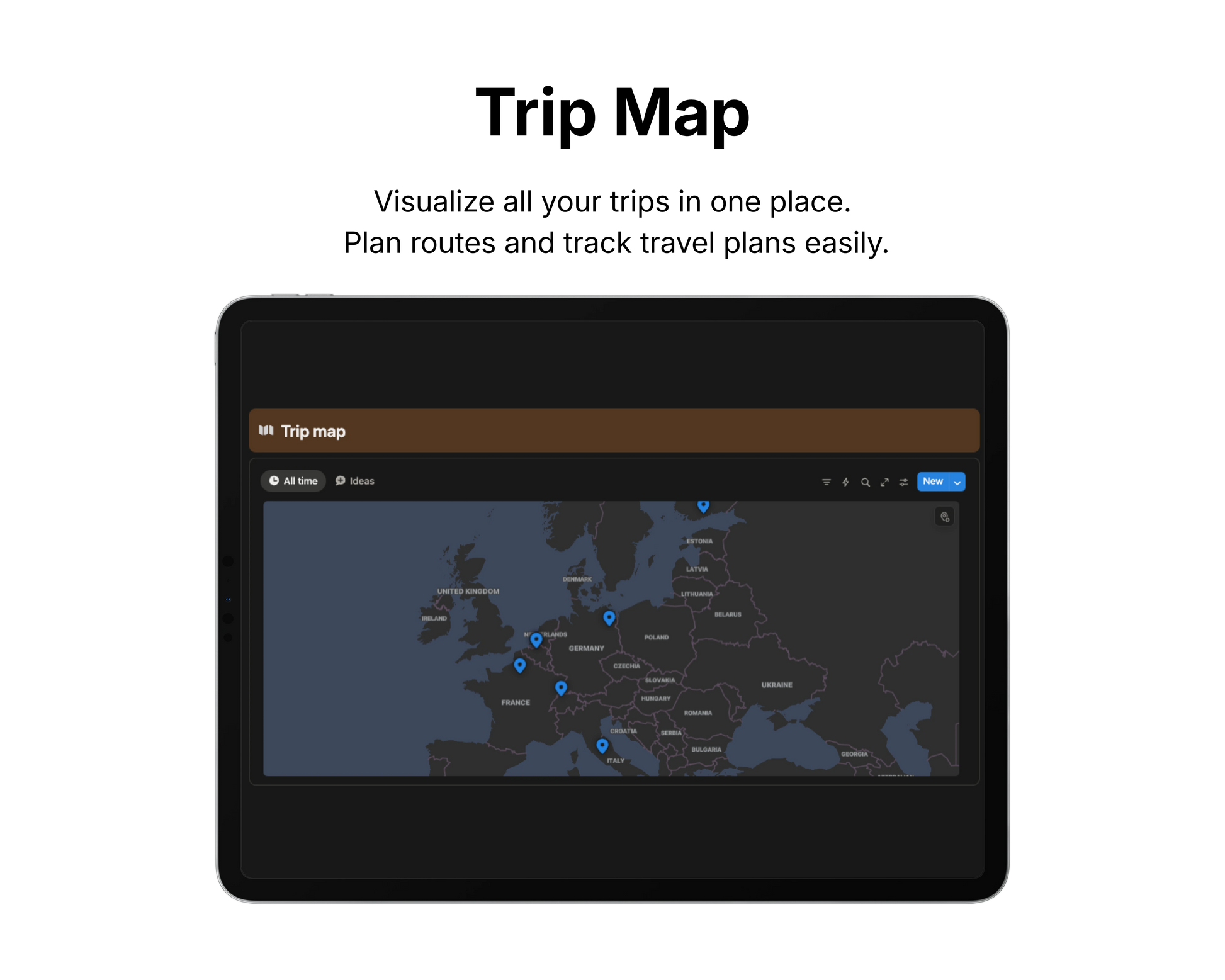 Trip Map application interface on a tablet screen with a map of Europe.