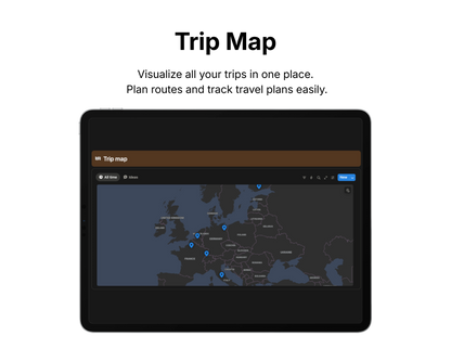 Trip Map application interface on a tablet screen with a map of Europe.