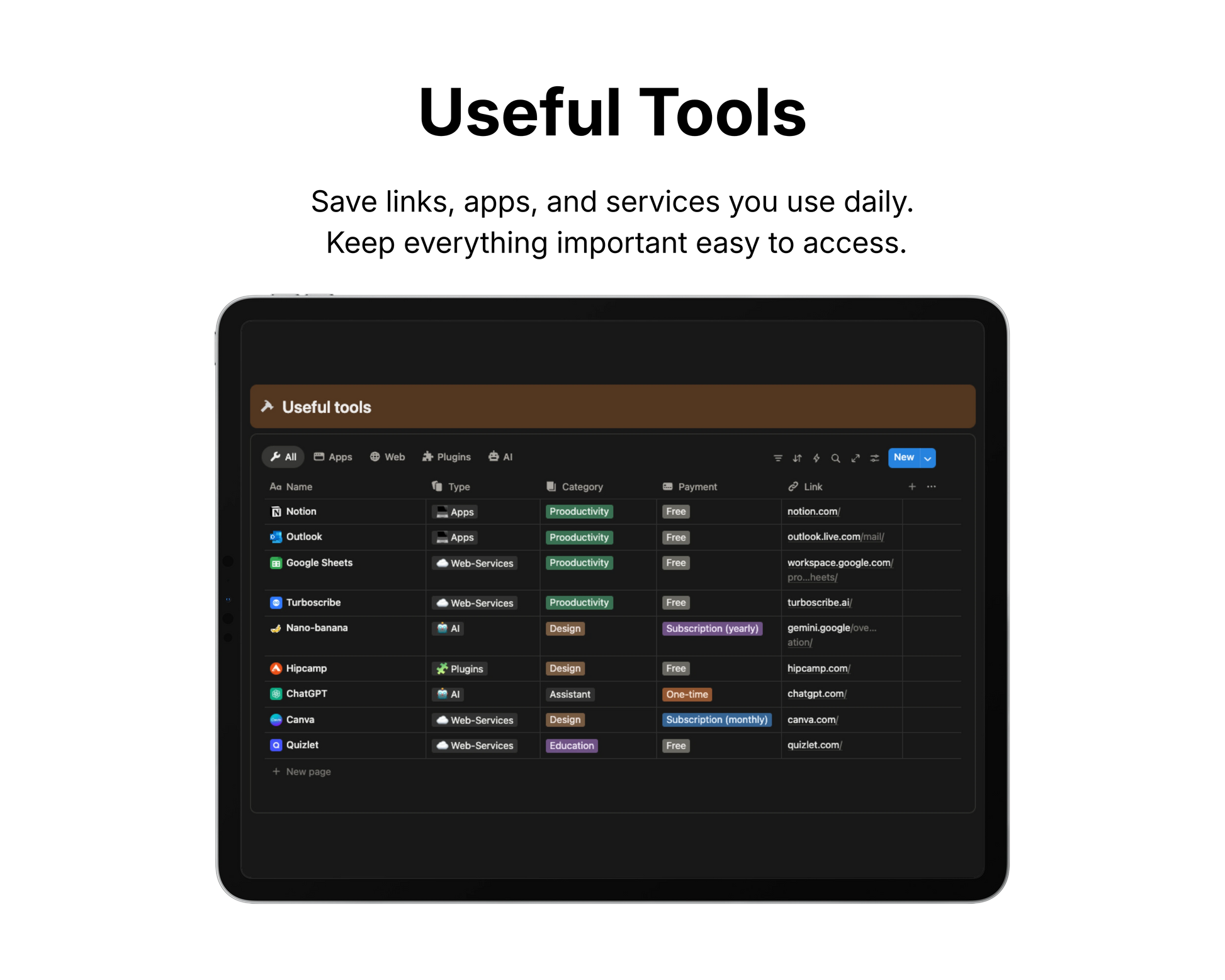 Screen displaying a list of useful tools with categories on a black background