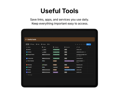 Screen displaying a list of useful tools with categories on a black background