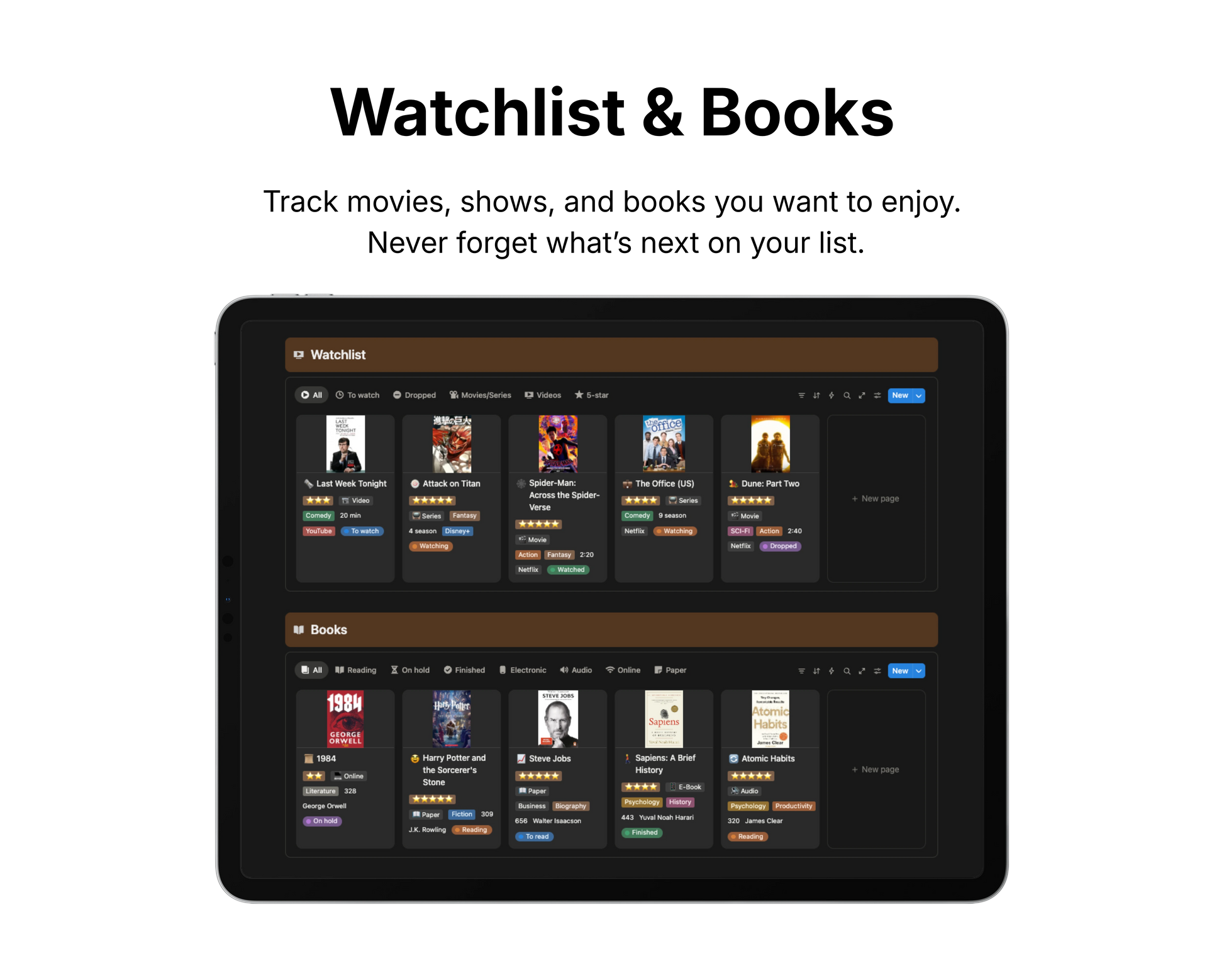 Tablet displaying a watchlist and books application with movie and book icons.