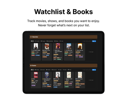 Tablet displaying a watchlist and books application with movie and book icons.