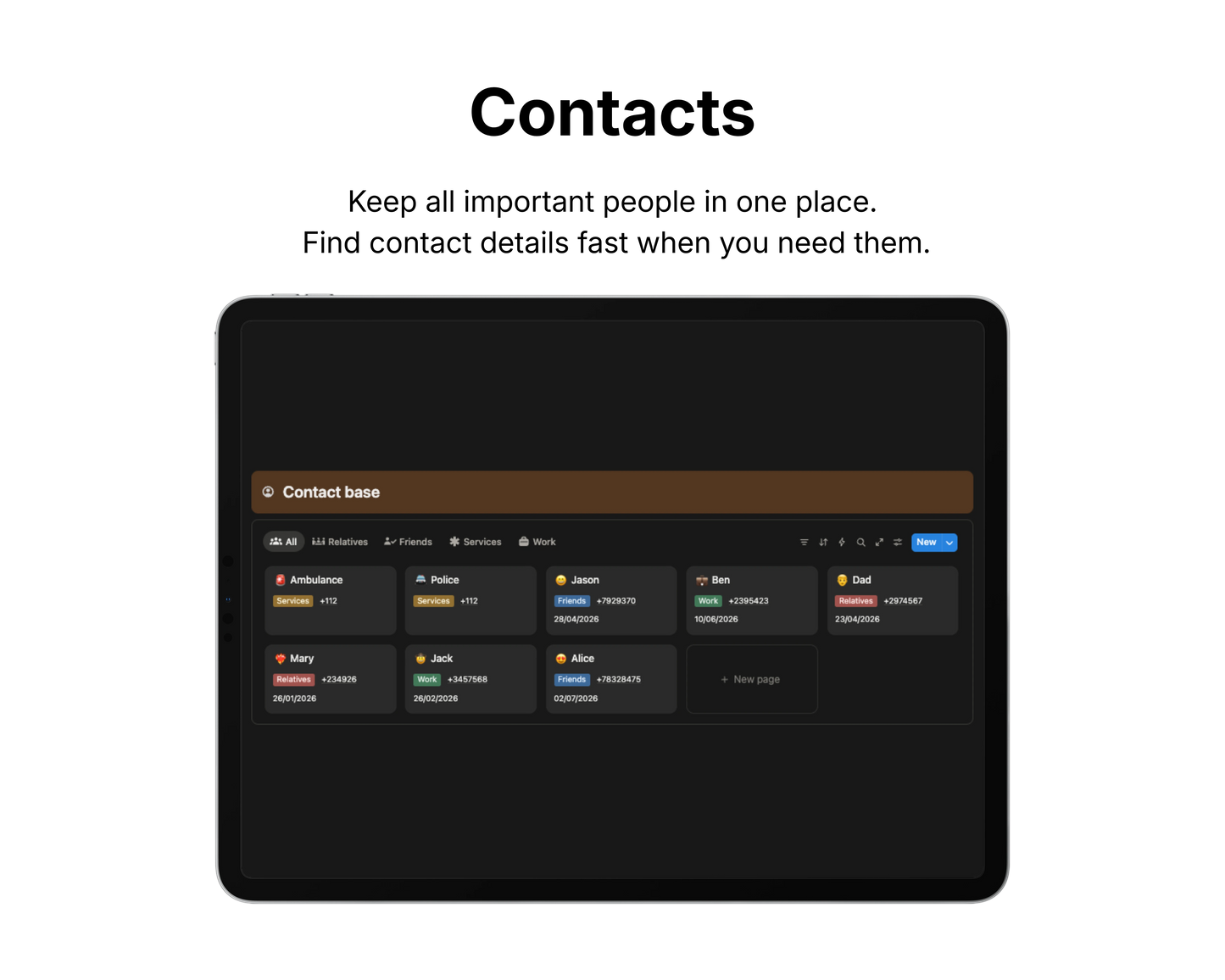 Screen displaying a contacts management app with a black background and text.