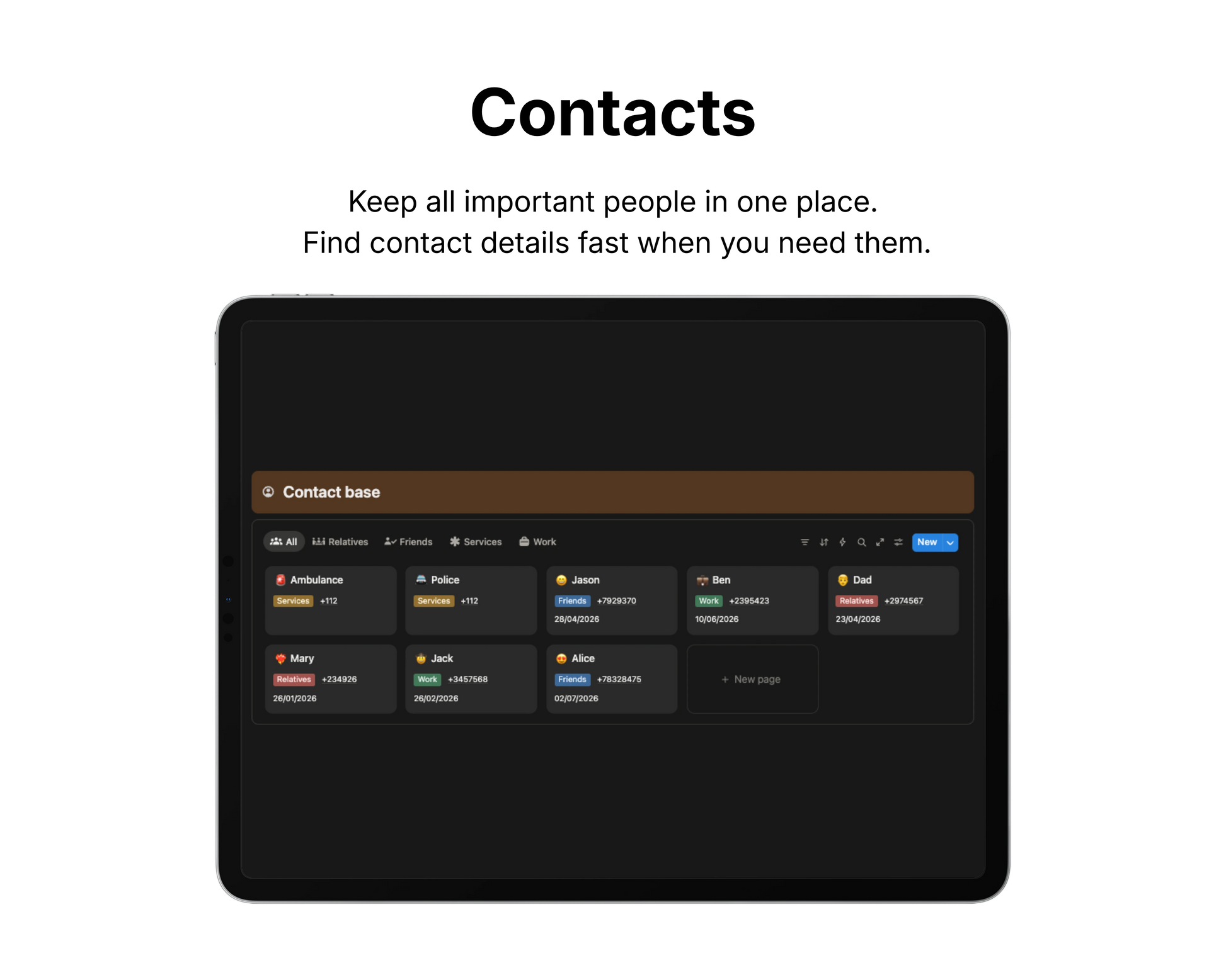 Screen displaying a contacts management app with a black background and text.