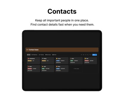 Screen displaying a contacts management app with a black background and text.
