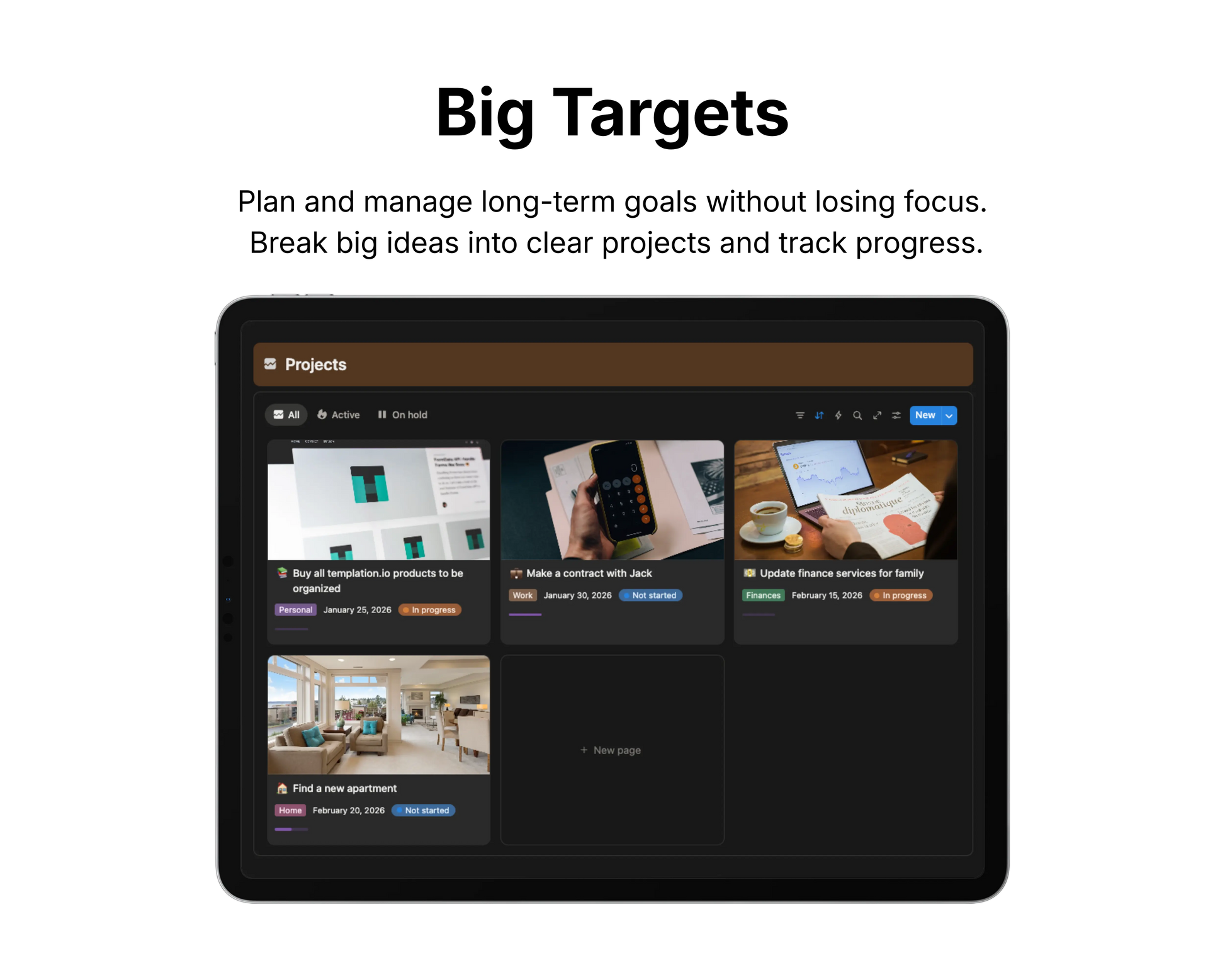 Digital interface on a tablet screen with project management features, displaying text about planning long-term goals.