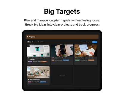 Digital interface on a tablet screen with project management features, displaying text about planning long-term goals.