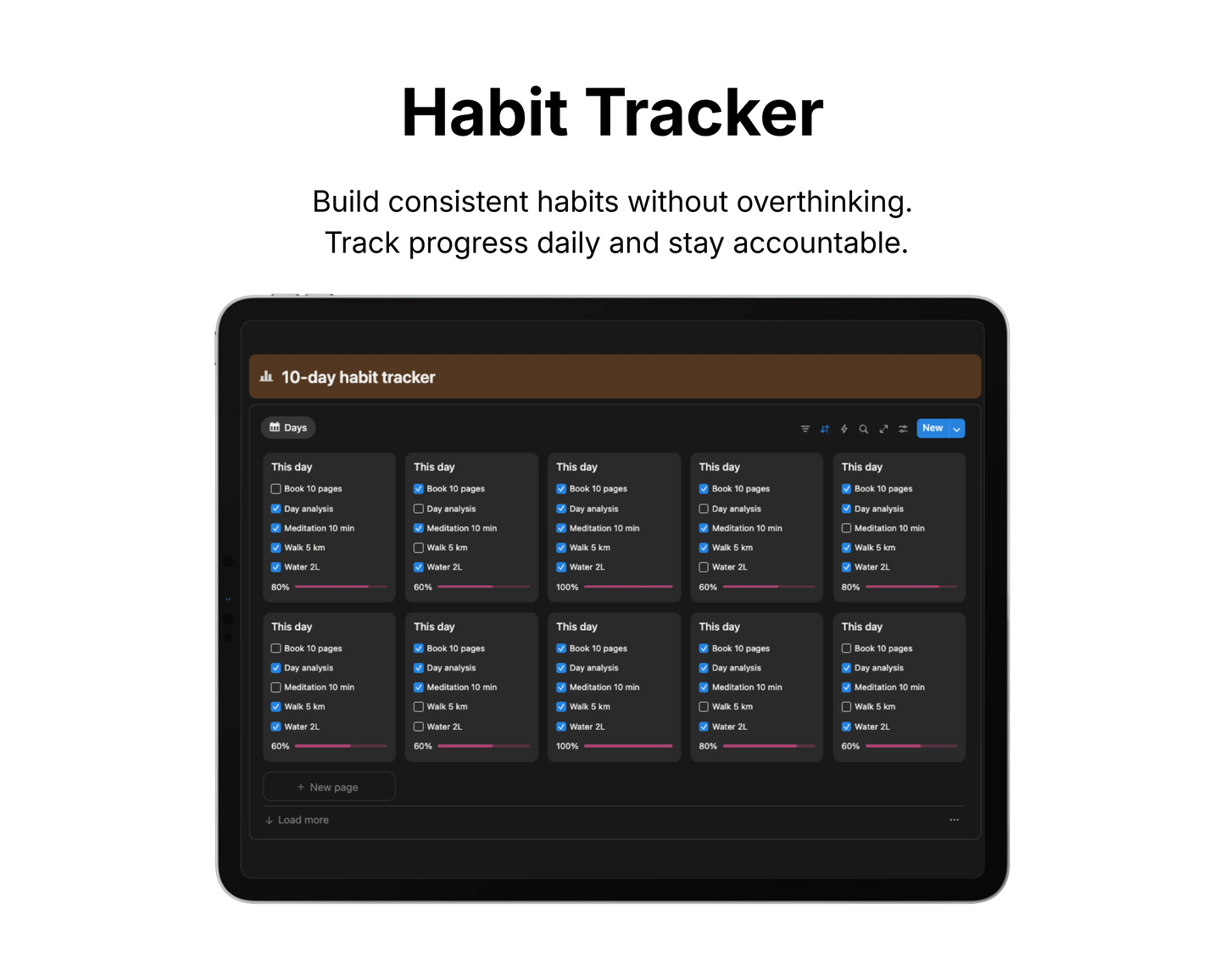 Habit tracker app interface on a tablet screen with text about building consistent habits.