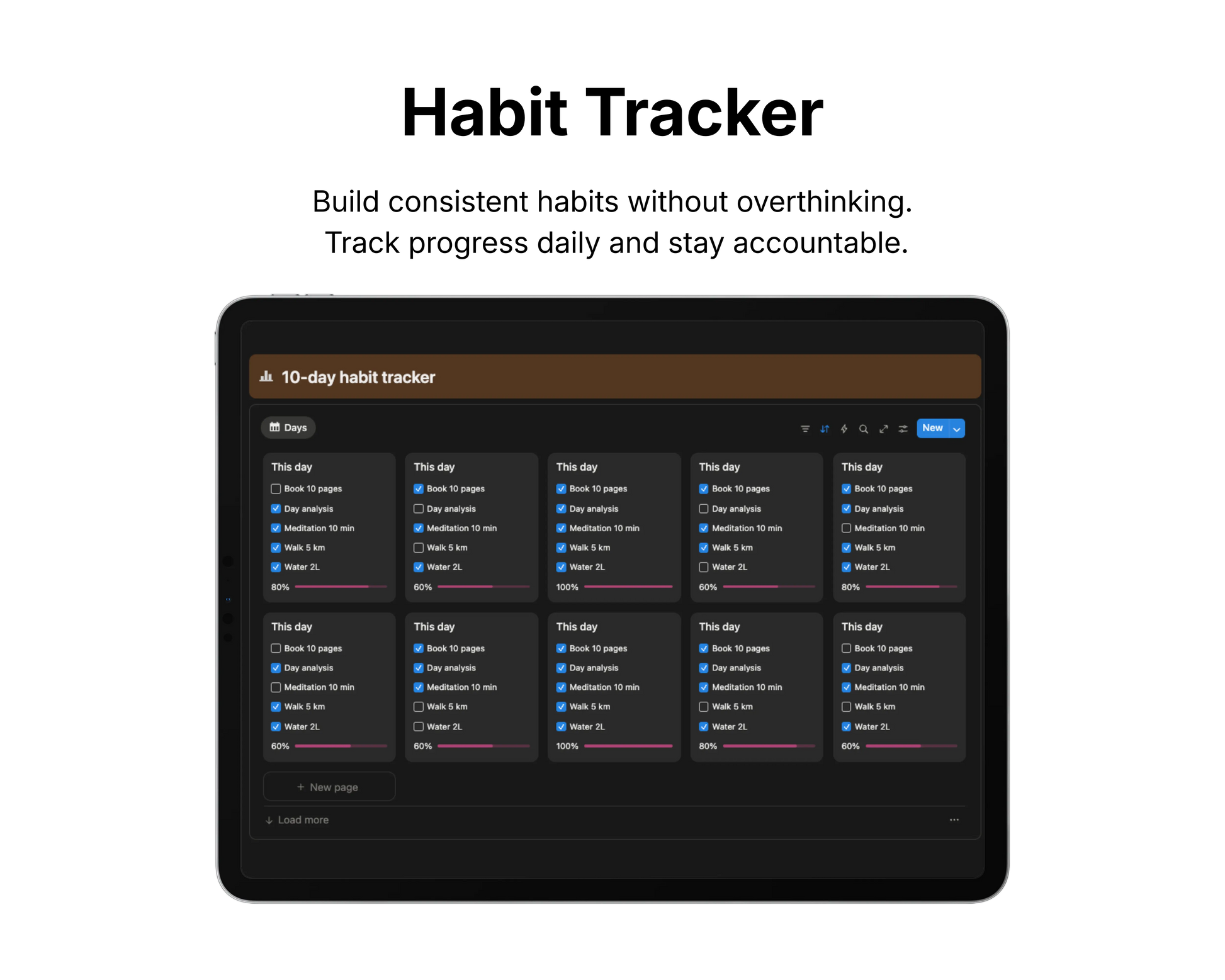 Habit tracker app interface on a tablet screen with text about building consistent habits.