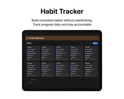 Habit tracker app interface on a tablet screen with text about building consistent habits.