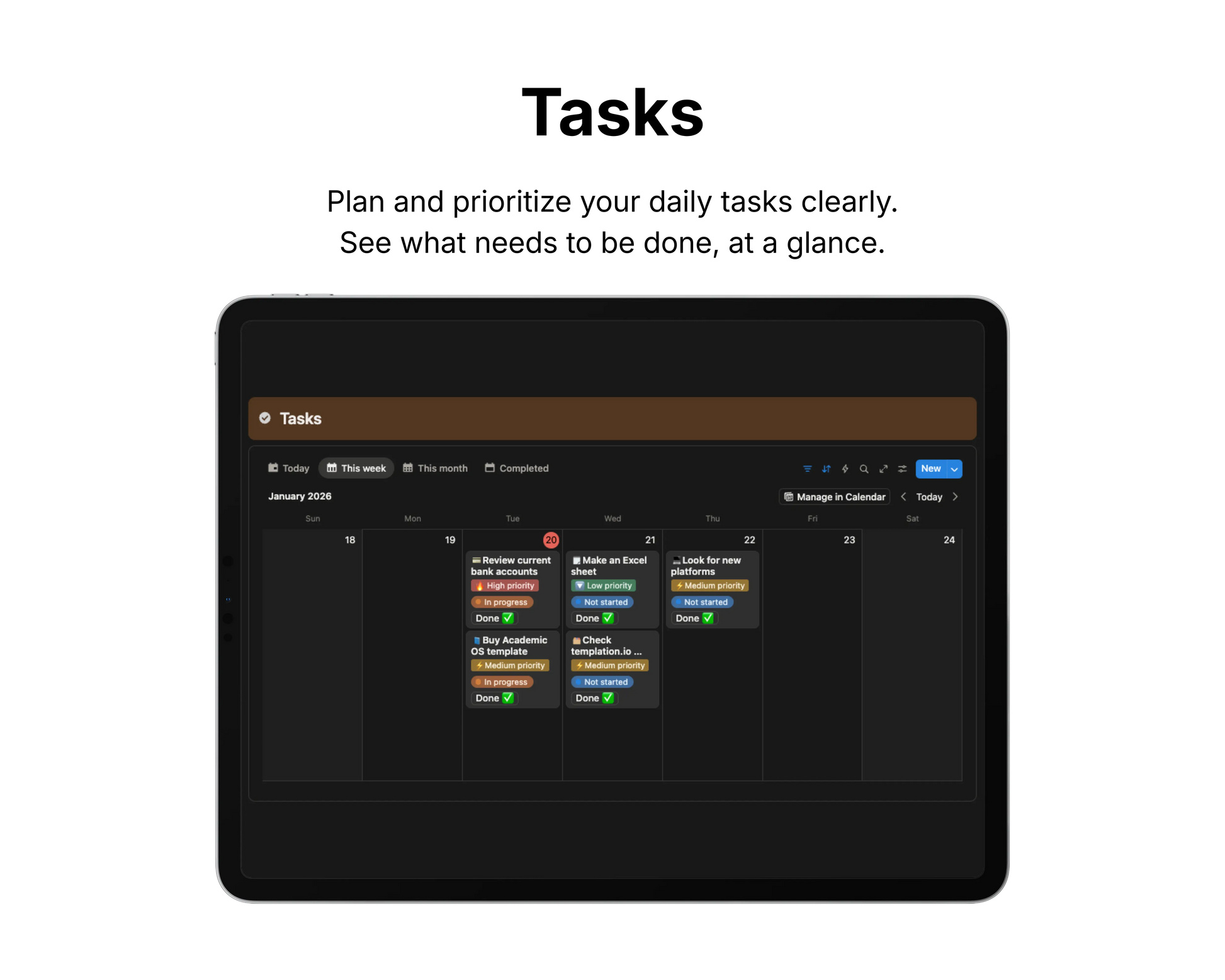 Digital task management app interface on a tablet screen with a black background.
