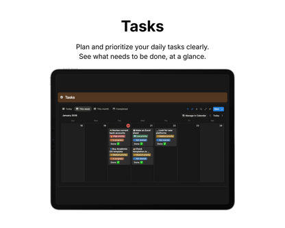 Digital task management app interface on a tablet screen with a black background.