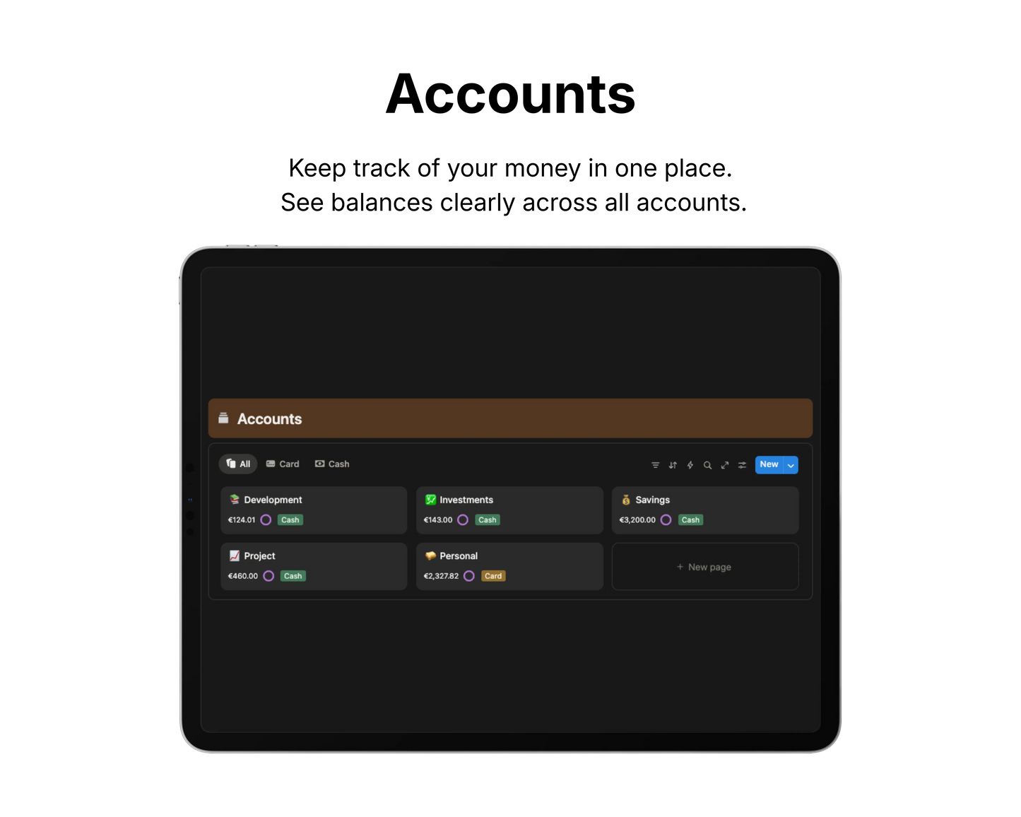 Screen displaying account management interface with balances on a black background