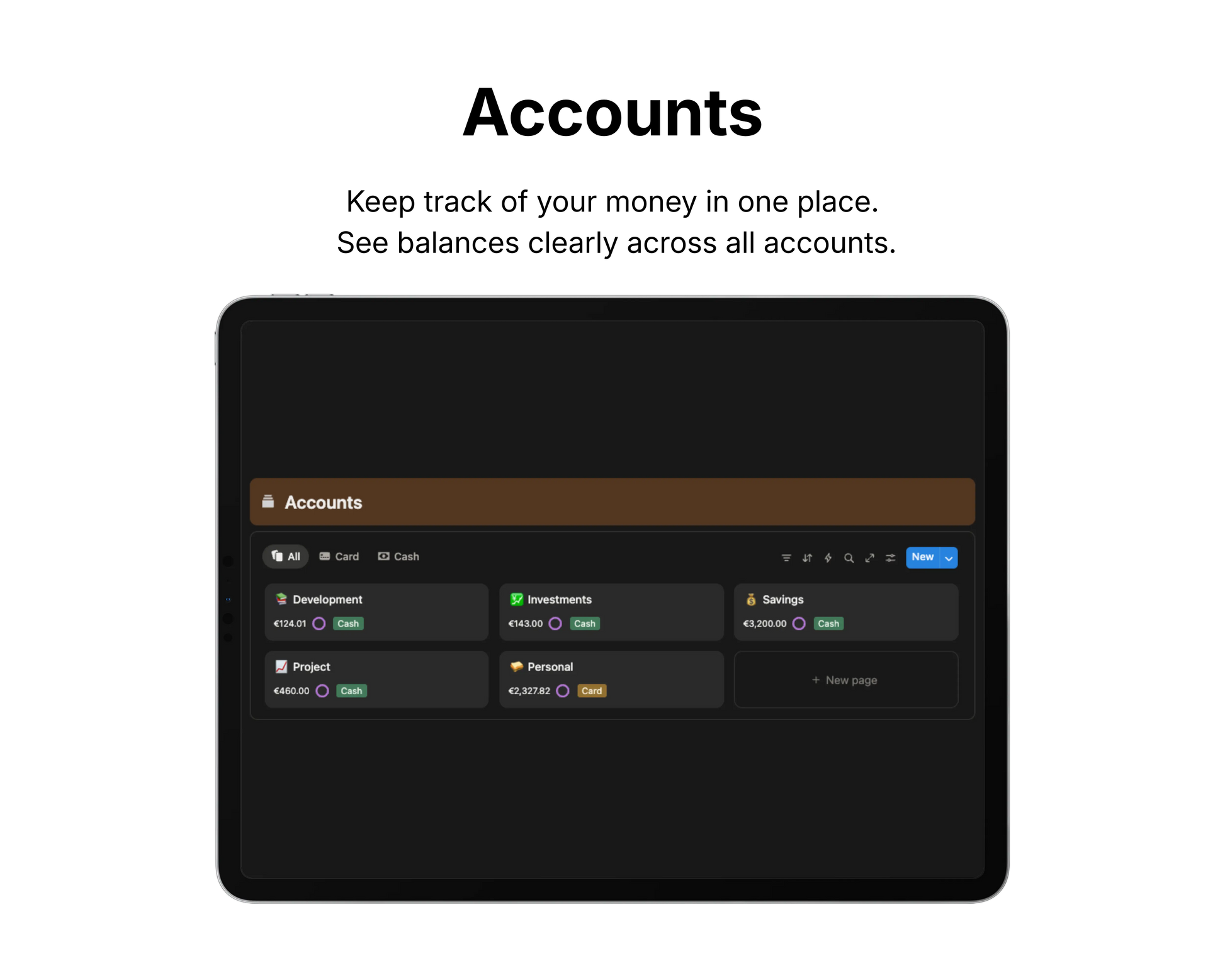 Screen displaying account management interface with balances on a black background