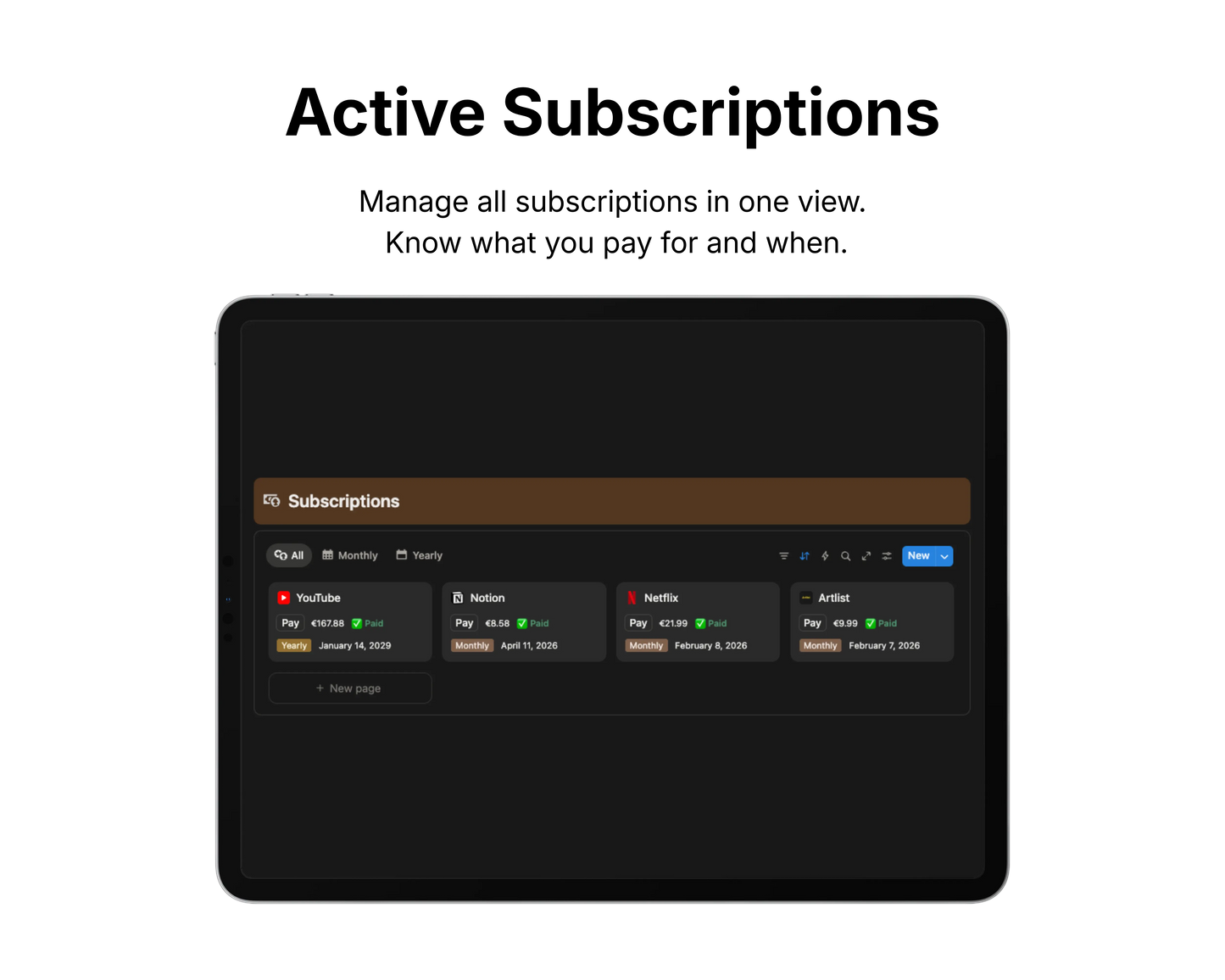Screen displaying active subscriptions with a focus on managing and monitoring them.