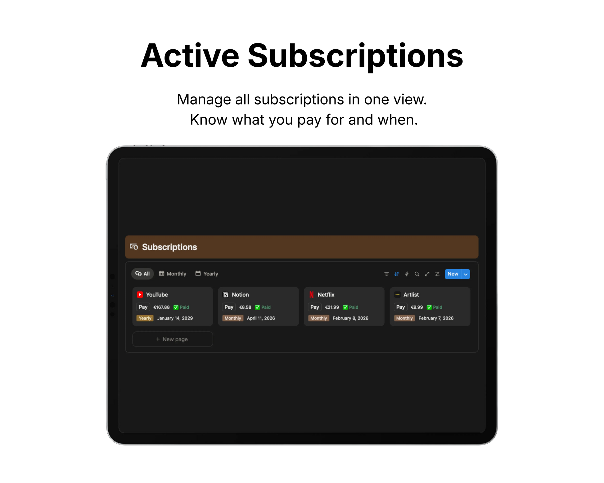 Screen displaying active subscriptions with a focus on managing and monitoring them.