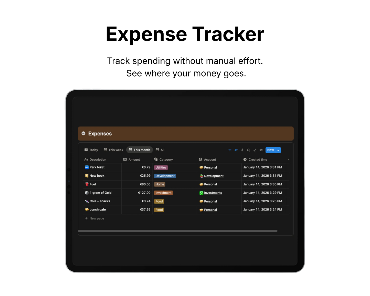 Expense tracker app interface on a tablet screen with a black background.