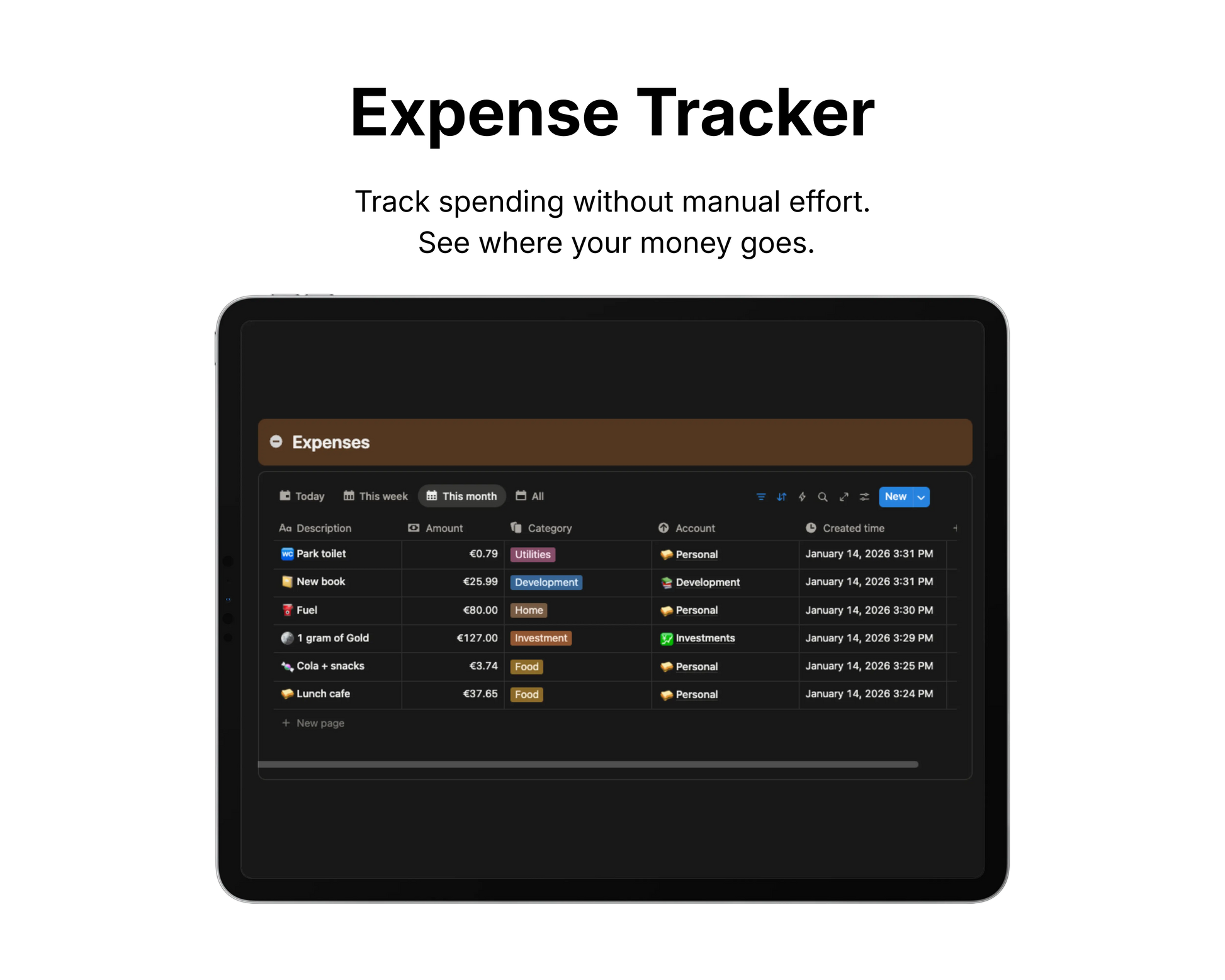 Expense tracker app interface on a tablet screen with a black background.