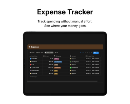 Expense tracker app interface on a tablet screen with a black background.