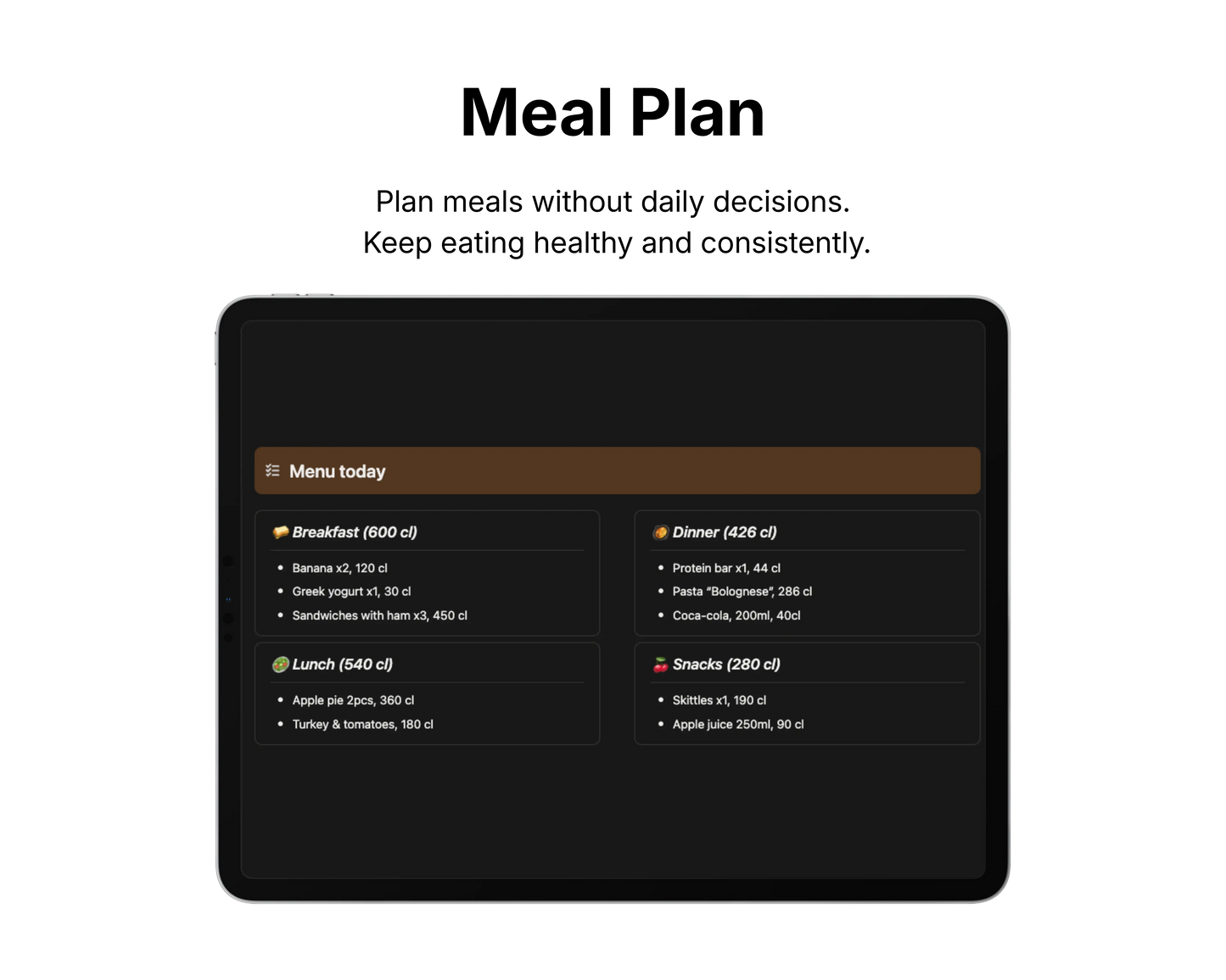 Meal plan displayed on a tablet with a black background