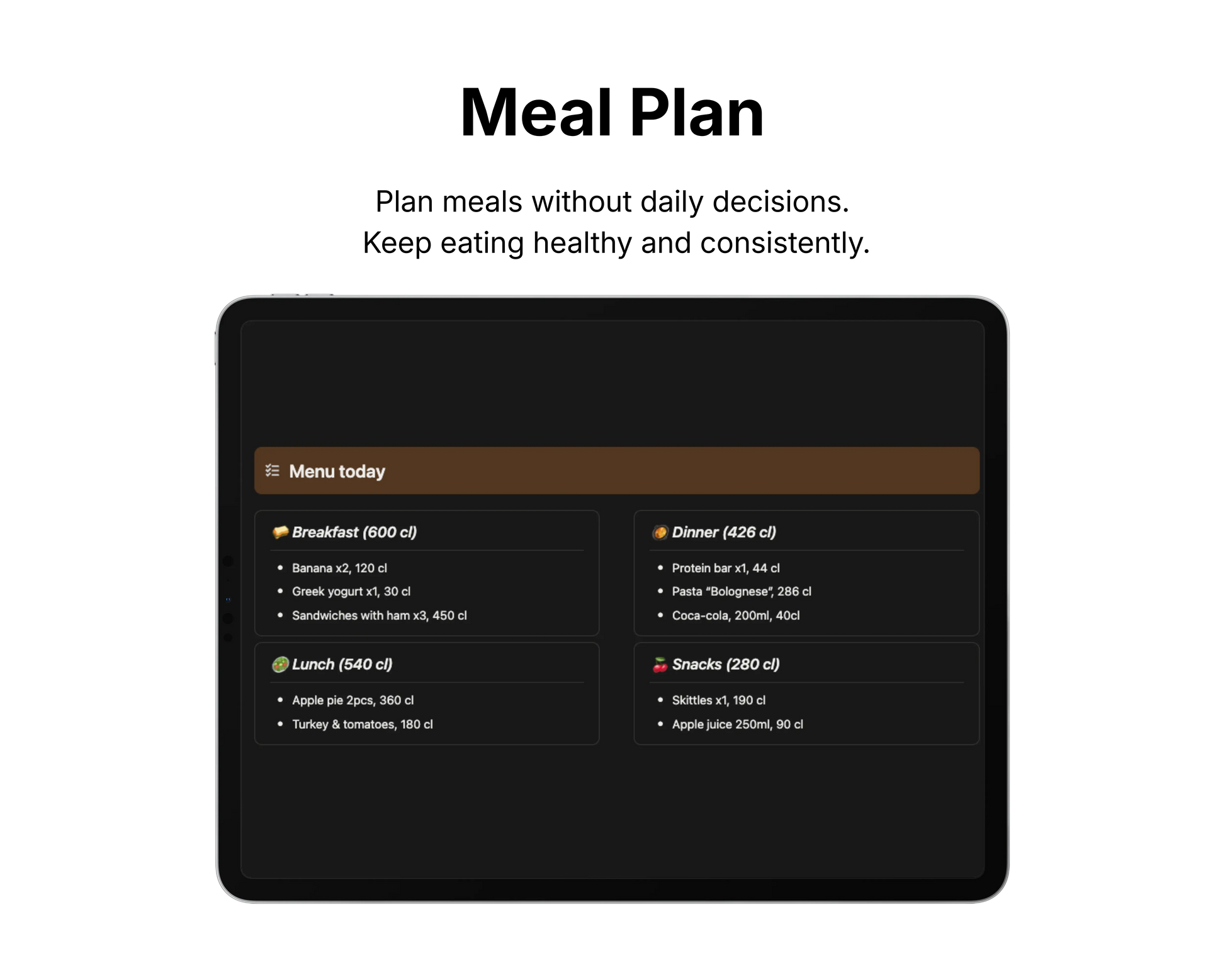 Meal plan displayed on a tablet with a black background