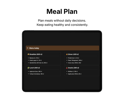 Meal plan displayed on a tablet with a black background