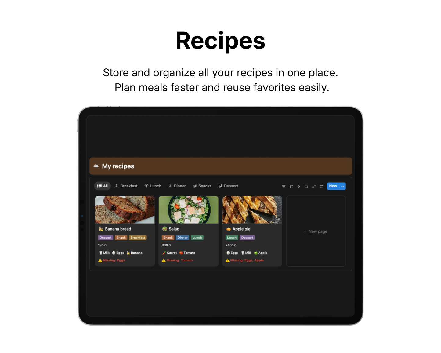 Digital interface for managing recipes on a tablet screen.