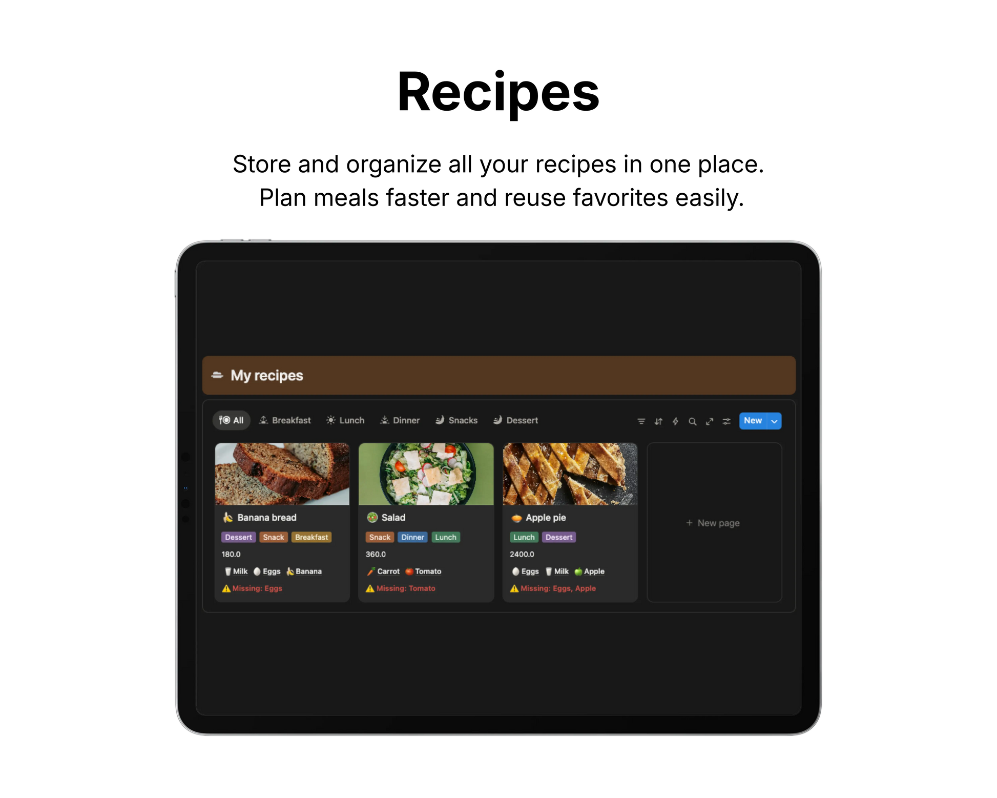 Digital interface for managing recipes on a tablet screen.