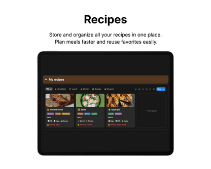 Digital interface for managing recipes on a tablet screen.