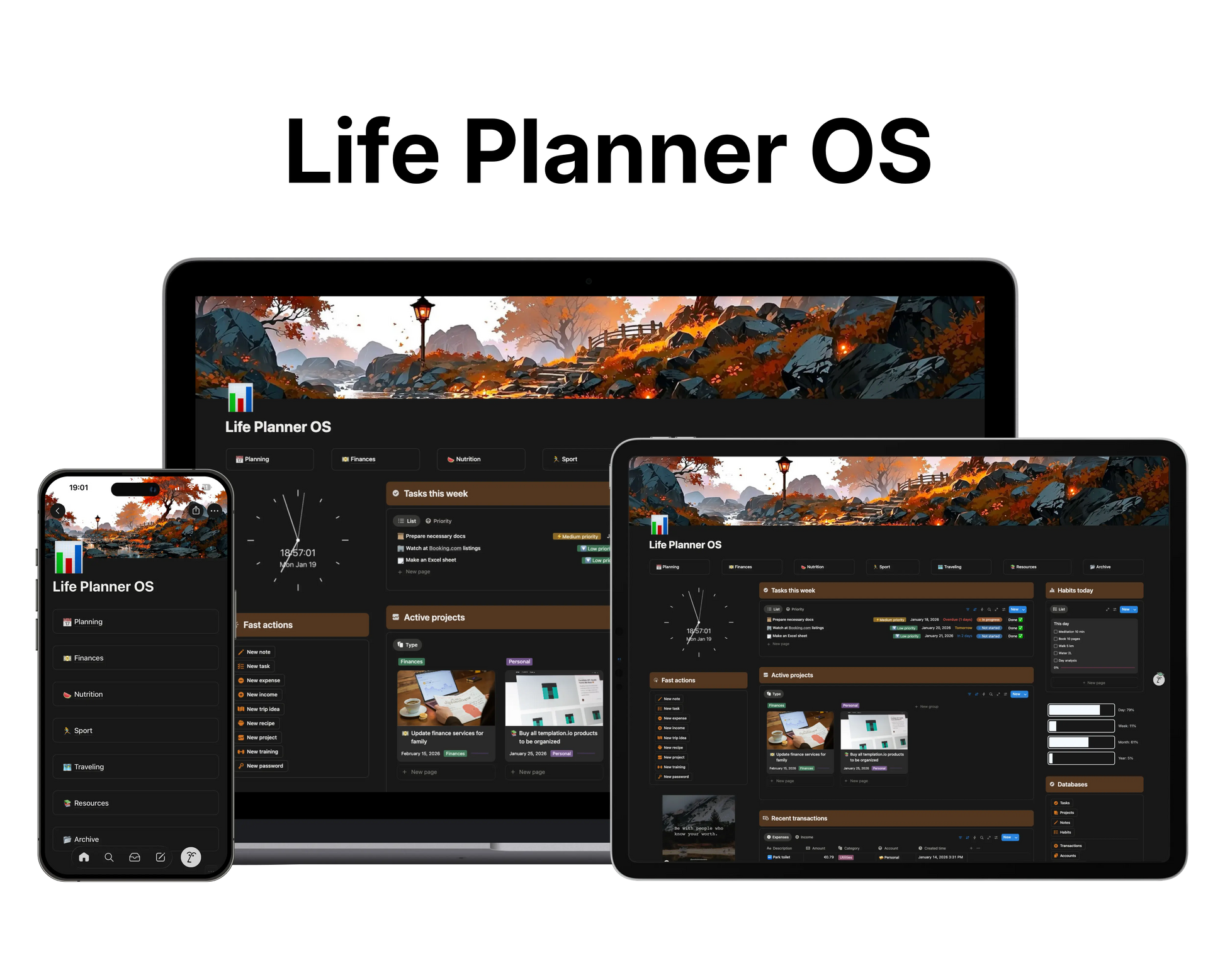 Life Planner OS template displayed on multiple devices with a scenic background.