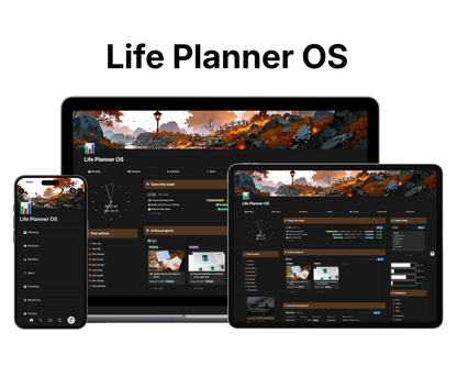 Life Planner OS template displayed on multiple devices with a scenic background.