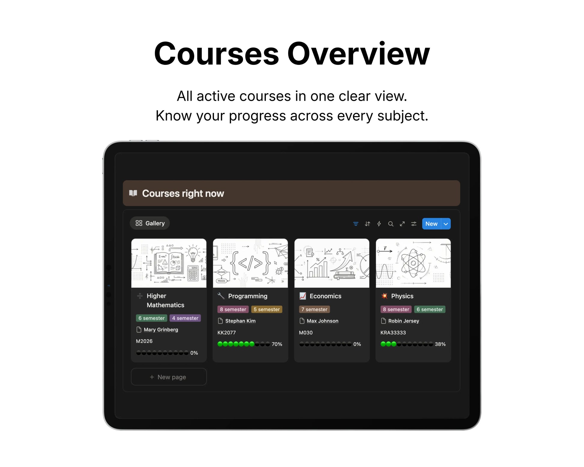 Courses overview interface on a tablet screen with course categories displayed.