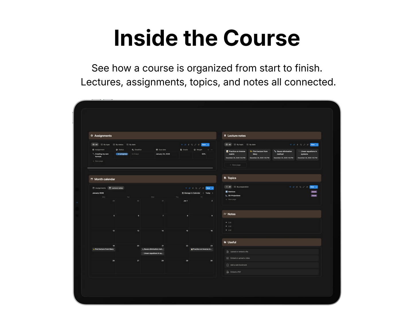 Digital interface of a course management system on a tablet screen with text 'Inside the Course' and description.