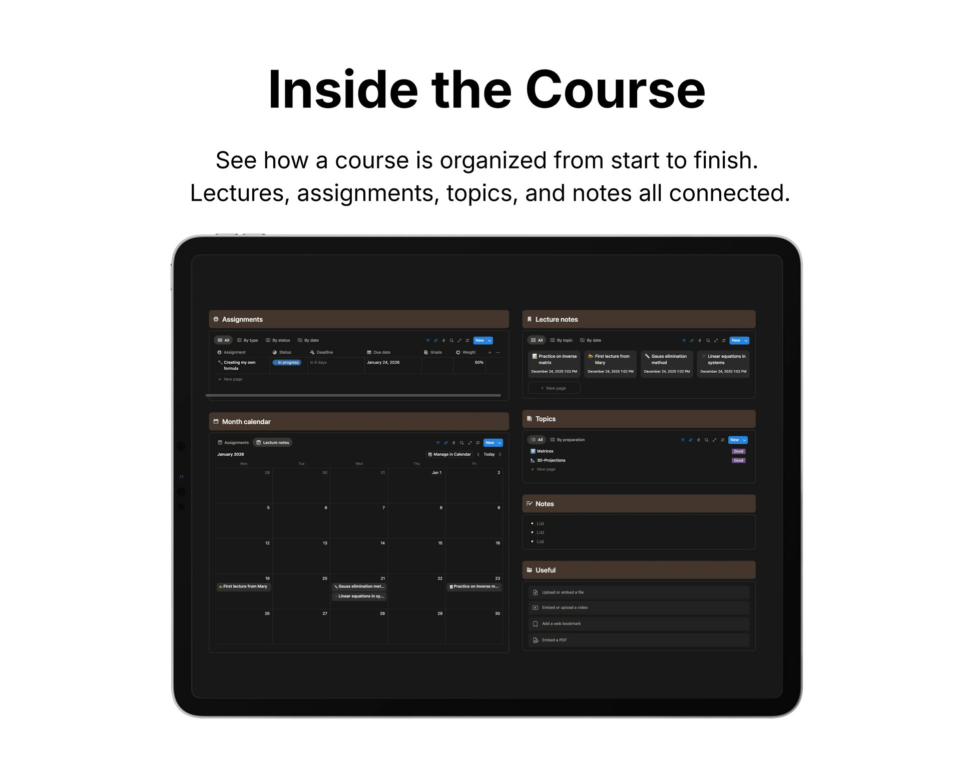 Digital interface of a course management system on a tablet screen with text 'Inside the Course' and description.