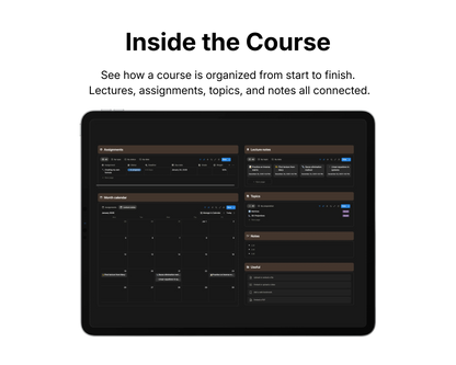 Digital interface of a course management system on a tablet screen with text 'Inside the Course' and description.