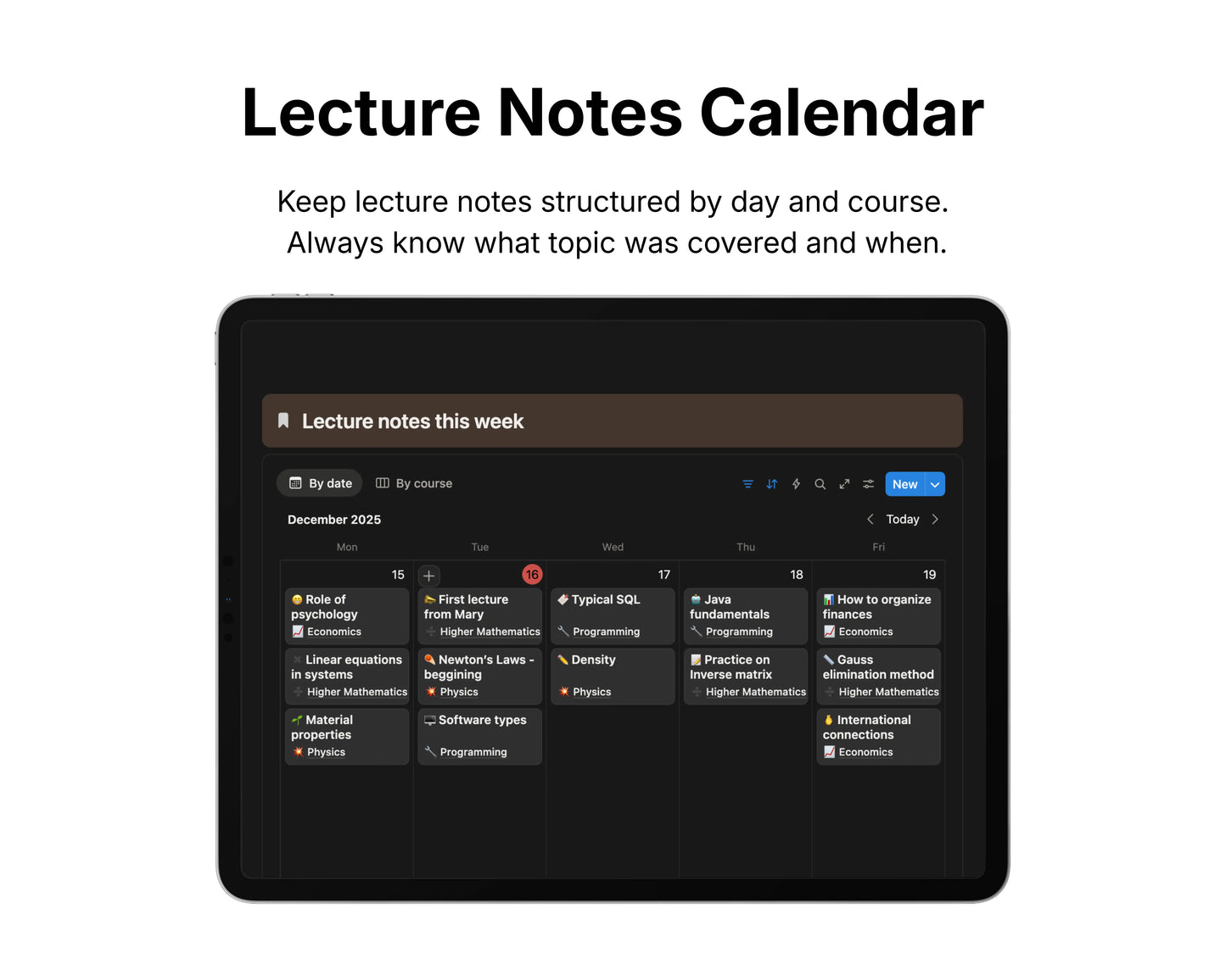Lecture notes calendar app interface on a tablet screen