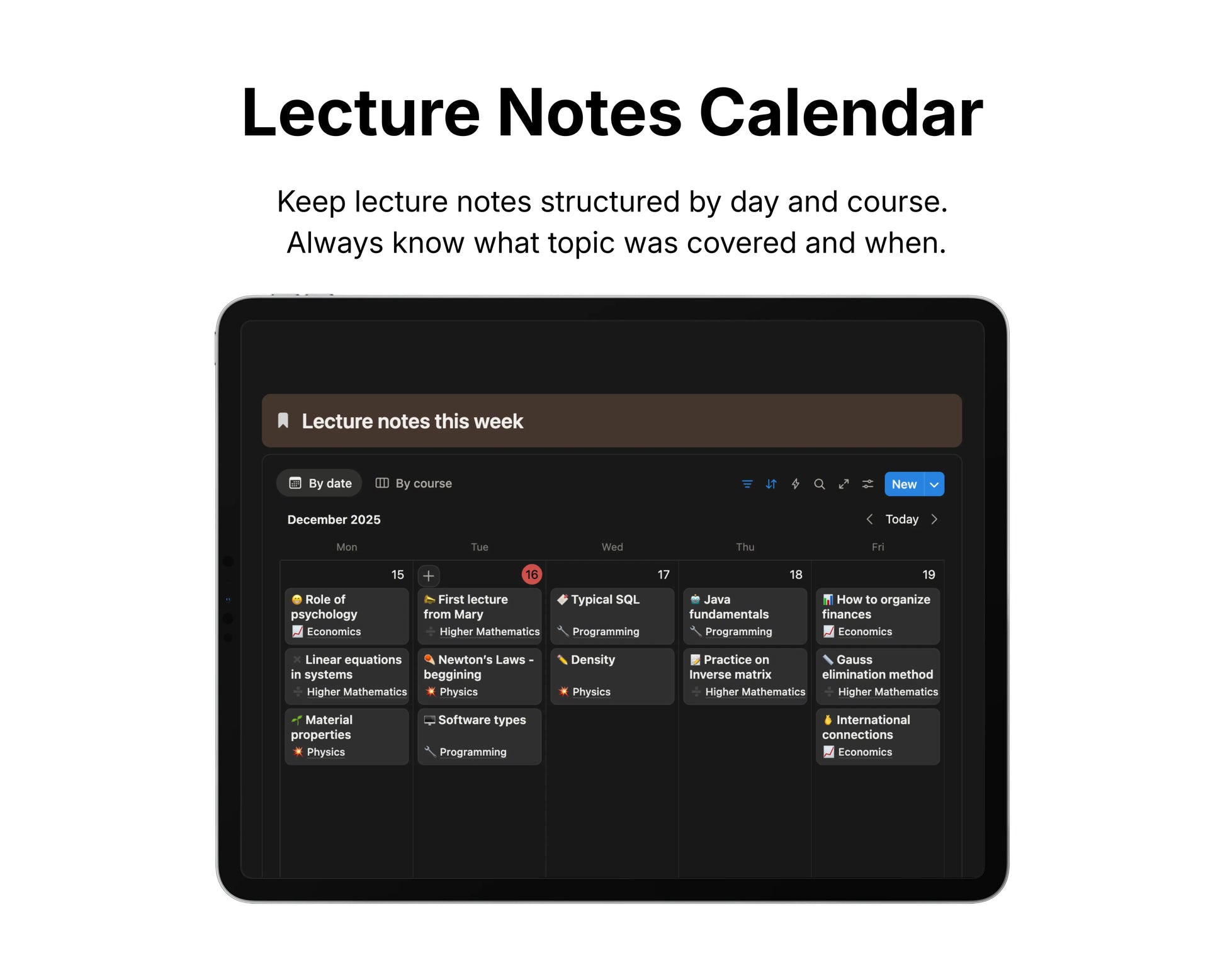 Lecture notes calendar app interface on a tablet screen