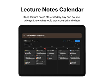 Lecture notes calendar app interface on a tablet screen