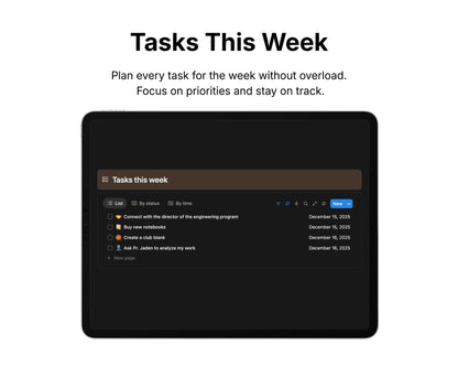 Tasks this week planner on a tablet screen with a black background
