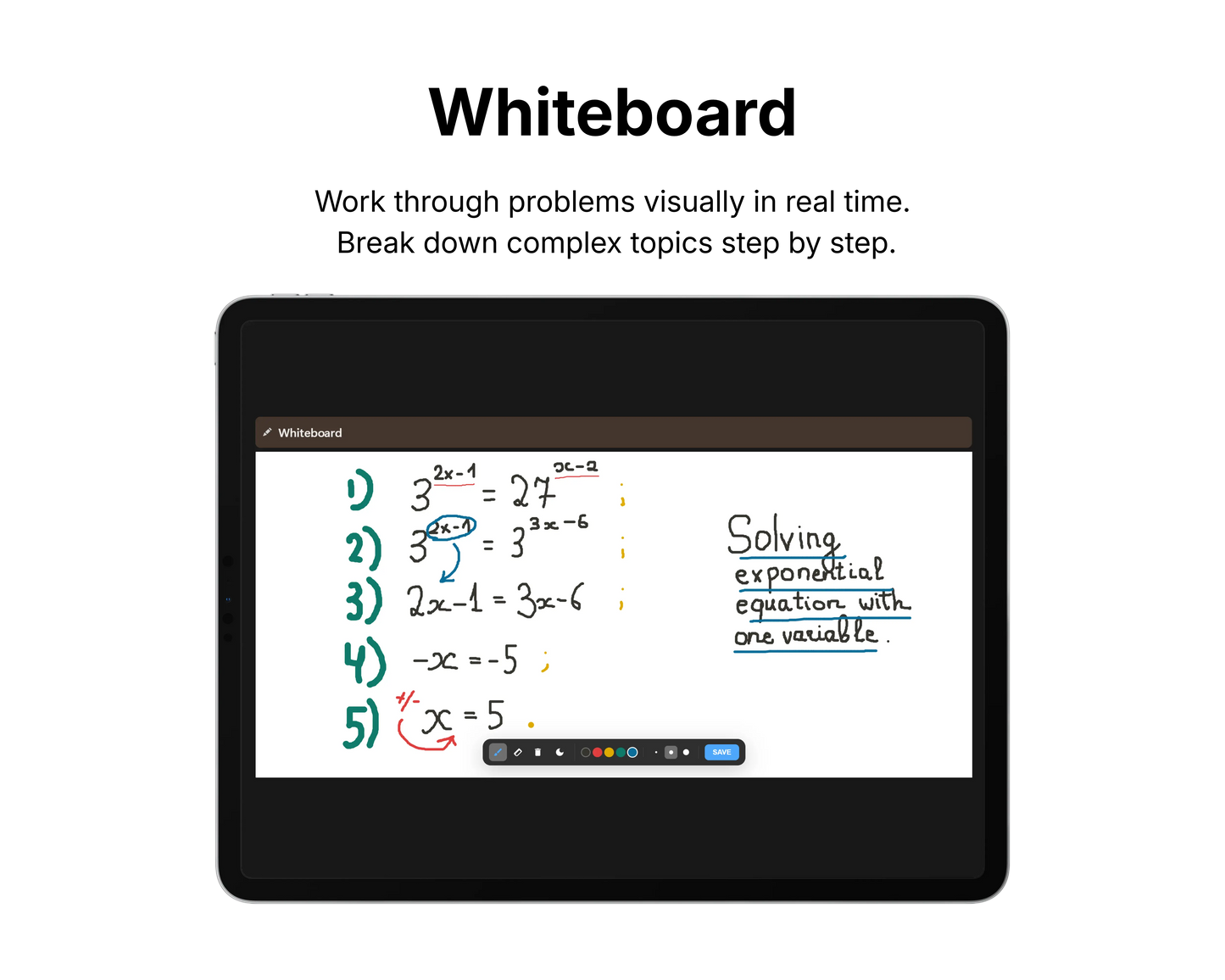 Digital whiteboard app on a tablet screen with mathematical equations.