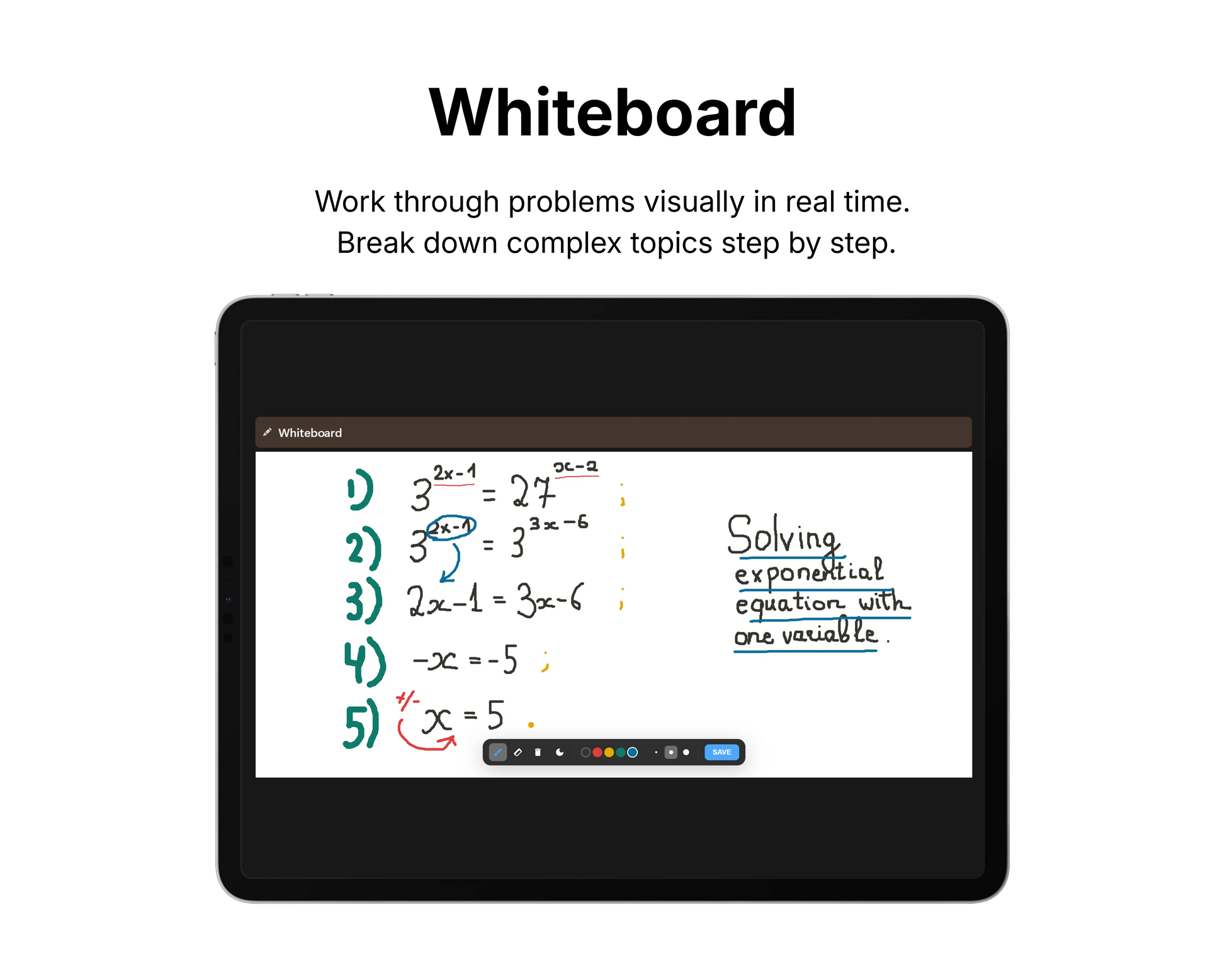 Digital whiteboard app on a tablet screen with mathematical equations.