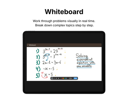 Digital whiteboard app on a tablet screen with mathematical equations.