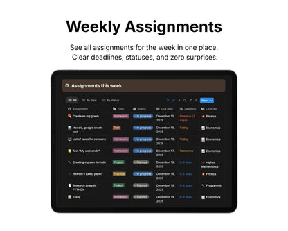 Digital tablet displaying a weekly assignments app with tasks and deadlines.